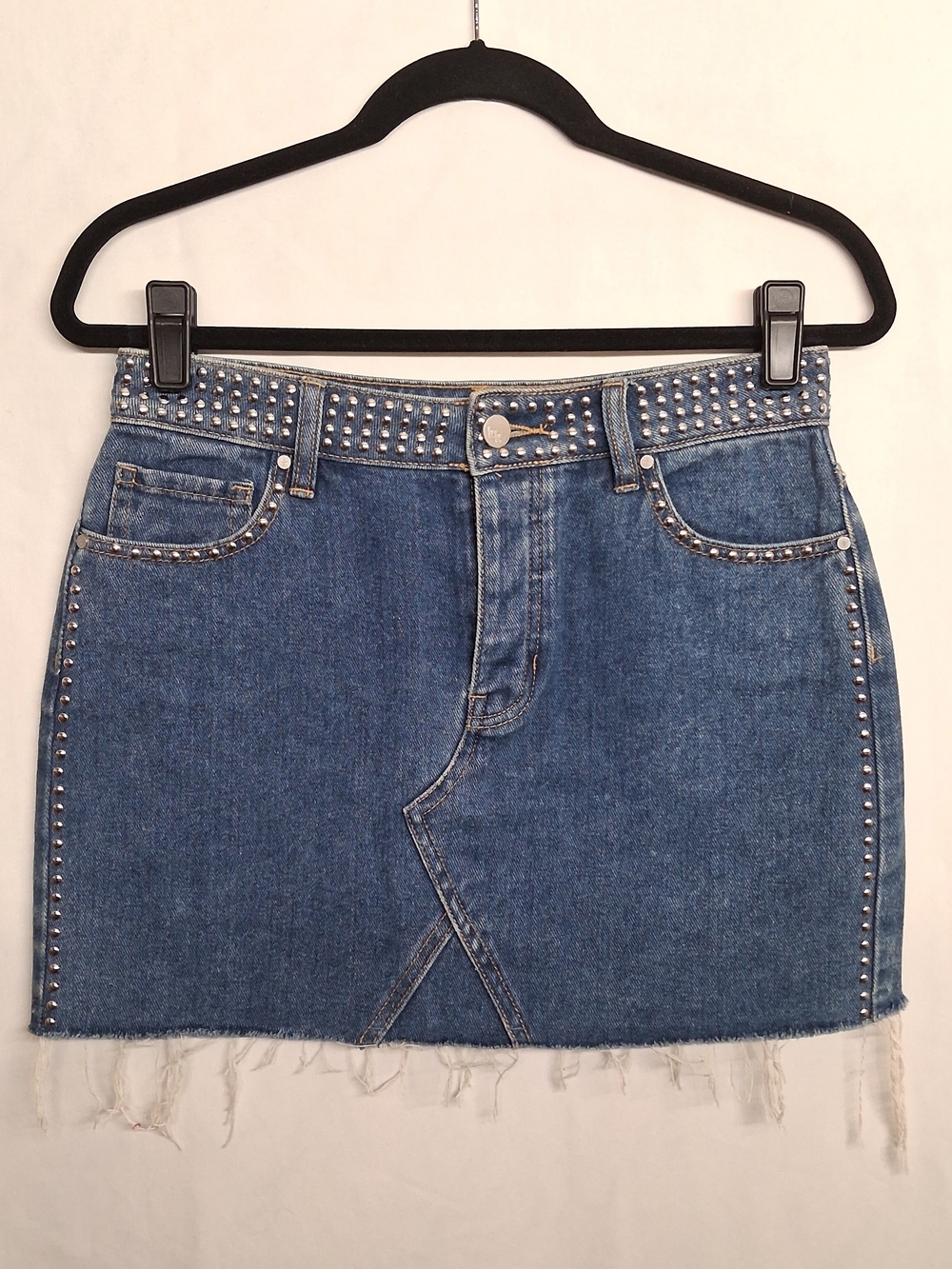 KENDALL + KYLIE Studded Denim Skirt Mini Frayed Raw Hem 26